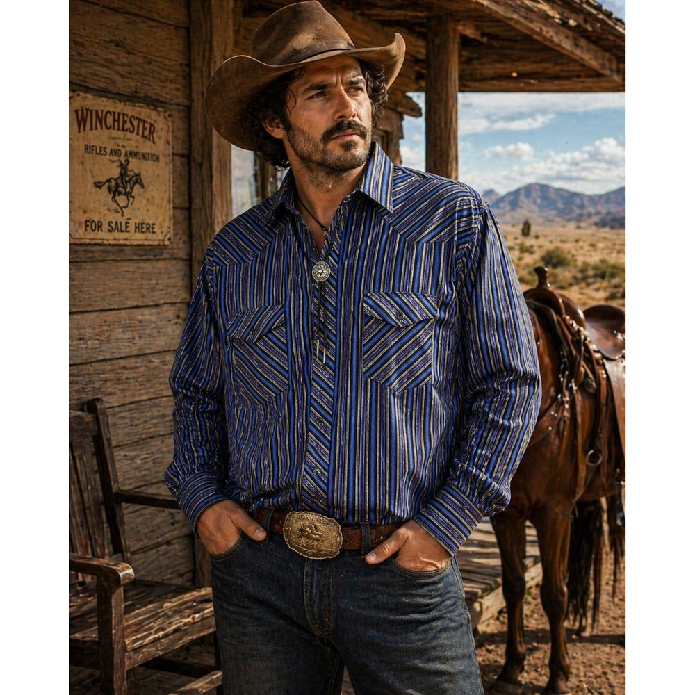 Wrangler‎ Western Shirt Mens 2XL Blue Black Stripe Metallic Snap WM087BK Cowboy